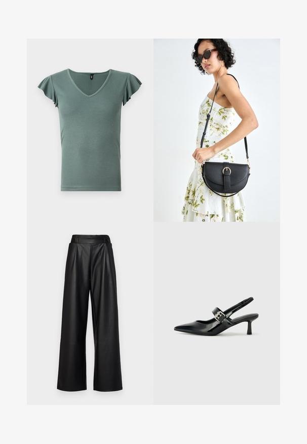 Světle zelený žebrovaný top s krátkým rukávem, V-výstřihem a volánkovými rukávy, s přiléhavým střihem a hladkým povrchem.; Černé široké kalhoty vyrobené z kůže, s vysokým pasem, plisováním a dvěma kulatými knoflíky na přední straně pro uzavření.; Černé lakované boty na podpatku typu slingback s špičatou špičkou a malým blokovým podpatkem, které mají na pásku stříbrný přezkový akcent.; Černá kožená kabelka s křivkovým tvarem, odnímatelným popruhem a zlatými detaily. Kabelka má klopu s přezkou.