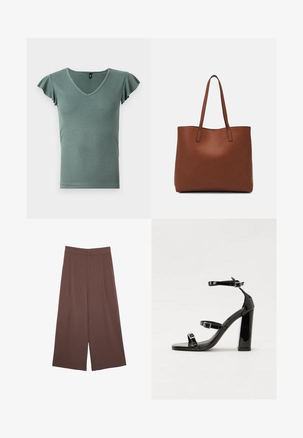 Svetlozelený krátky rukáv s jemným prúžkovaním, výstrihom do V a volánovými rukávmi, ktorý má priliehavý strih a hladký povrch.; Hnedé nohavice so širokými nohavicami a hladkou textúrou, s vysokým pásom a prednými skladmi. Tkanina je ľahká a voľne sa pohybuje.; Čierne lakované sandále na podpätku so štvorcovou špičkou, navlečenými remienkami okolo členku a striebornými prackami. Disponujú masívnym blokovým podpätkom pre stabilitu.; Hnedá kožená taška na rameno s hladkou textúrou, otvoreným vrchom a dvoma ramenými popruhmi. Má minimálne šitia a žiadne viditeľné kovania.