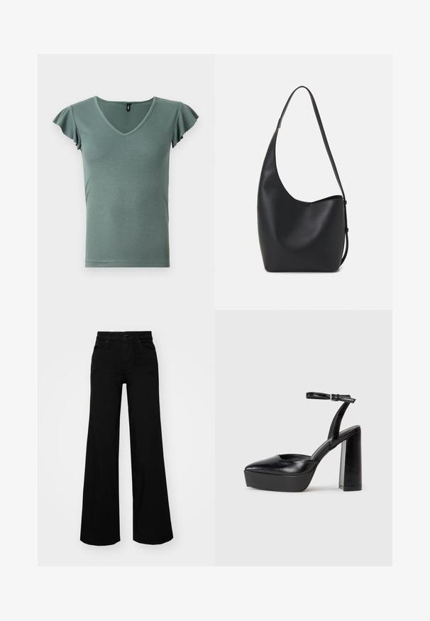 Light green ribbed short-sleeve top with a V-neck and ruffled sleeves, featuring a fitted shape and smooth texture.; Black wide-leg pants made of denim, featuring a structured waistband, belt loops, and front pockets. Smooth texture with a classic design.; Black platform heels with a pointed toe and adjustable ankle strap. Constructed from smooth leather, featuring a chunky block heel.; Black leather hobo bag with a smooth texture, curved shape, and single adjustable strap; features a wide opening at the top.