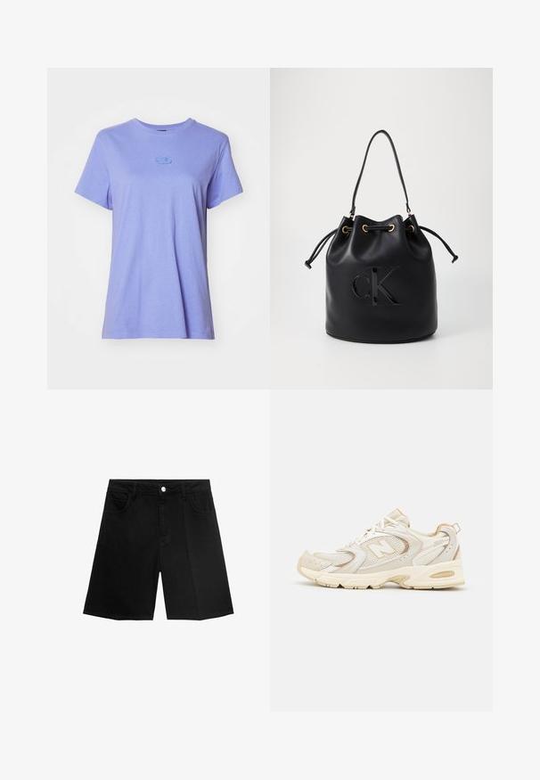 Ljust lila bomullströja med klassisk rund halsringning, korta ärmar och broderad logotyp på vänster bröst. Mjuk, slät textur.; Svarta denimshorts med rak skärning, fem fickor och knäppning med silverfärgad knapp. Slät textur med minimala sömdetaljer.; Beige atletiska skor med nät och syntetiska överlägg, med en texturerad yta, vadderad krage och "ABZORB" dämpning vid hälen.; Svart läder bucket bag med dragsko-stängning, prydd med en glänsande "CK"-logotyp på framsidan och detaljer i guld-ton.