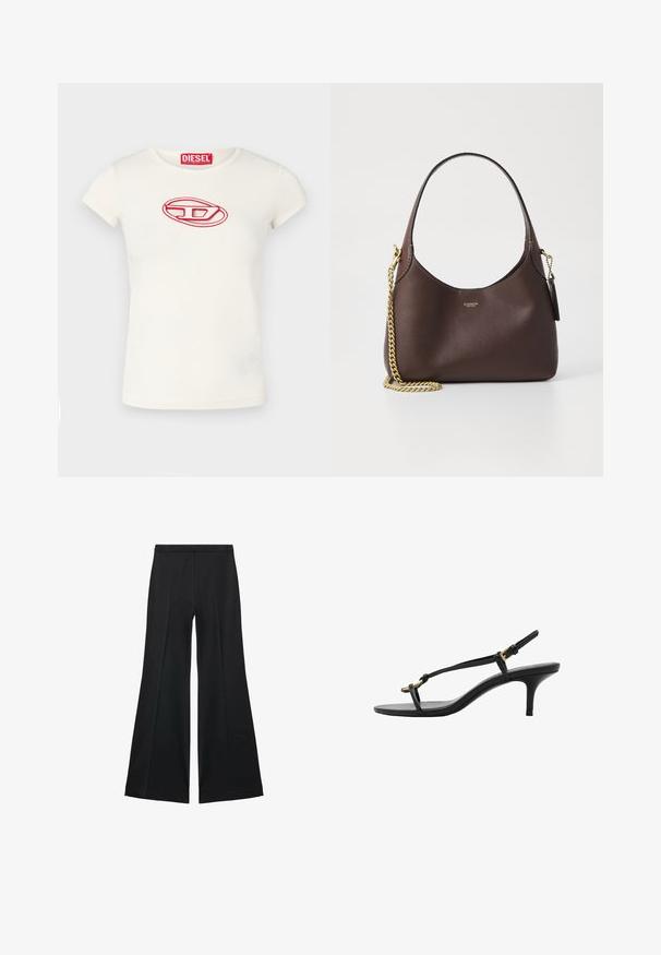 Vaalean kermanvärinen lyhythihainen T-paita, joka on valmistettu puuvillasta. Edessä on punainen brodeerattu logo soikeassa muodossa. Pyöreä pääntie.; Mustat leveälahkeiset housut, joissa on sileä pinta, etupuolella laskokset ja muotolaskettu malli. Kangas on kevyttä ja laskeutuvaa.; Mustat nahkakengät, joissa on kissankorko, ohuet hihnat, kultainen solki ja minimalistinen varvaslenkki valkoisella taustalla.; COACH BROOKLYN SHOULDER BAG 23 - Käsilaukku - maple