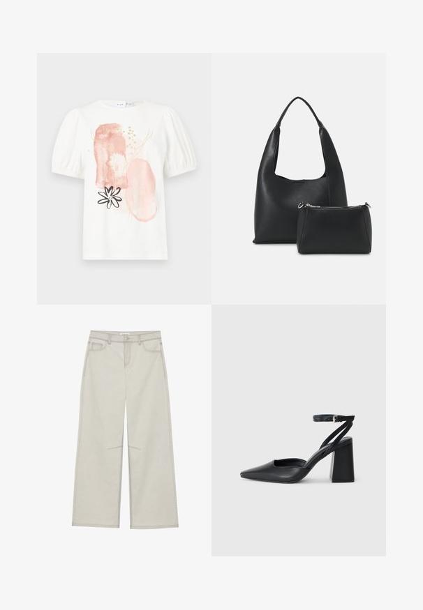 Biely krátky rukávový top s vypchatými ramenami, zdobený abstraktnými ružovými a zlatými vzormi a čiernym kvetinovým dizajnom na prednej strane.; Svetlošedé nohavice s voľným strihom, s piatimi vreckami, so zapínaním na prednom gombíku a kontrastným prešívaním pozdĺž švov. Tkanina vyzerá mäkko a odolne.; Čierne kožené lodičky s špicatou špičkou a členkovým remienkom, s masívnym podpätkom. Hladký povrch, elegantný dizajn a minimalistická estetika.; Even&Odd Kabelka - black
