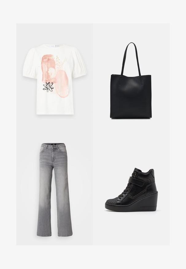 Valge lühikeste varrukatega pluus, millel on puhvõivad, esitleb abstraktseid roosa ja kuldsetest mustritest ning musta lillemotiivi ees.; Kõrge vöökoht, sirged hallid teksad, millel on ees nupp ja lukku, ees ja taga taskud ning hägune varjund reitel ja sääremarjadel.; Mustad musta värvusega kõrge kannaga tossud, mis on valmistatud siledast nahast, koos nööridega kinnituse, reguleeritava rihma ja dekoratiivsete tõmblukkudega.; Mustast nahast kott sujuva tekstuuriga, ristkülikukujuline ja kahe pika sangaga. Pole nähtavat riistvara ega kaunistusi.