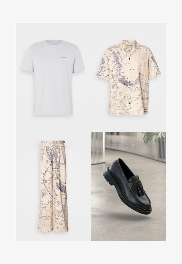 Hvid bomulds T-shirt med rund hals, korte ærmer og et lille sort logo på venstre bryst. Glat tekstur og standard pasform.; Kortærmet skjorte i lys beige stof med kortlægning i marineblå, med en klassisk krave og brystlomme.; Breddebenede bukser med korttryk i marineblå på en beige baggrund, med plisserede detaljer ved taljen og en afslappet pasform.; Sorte læderloafer med glat finish, dekorativ kvast, tyk gummisål og syede detaljer. Let og elegant design.