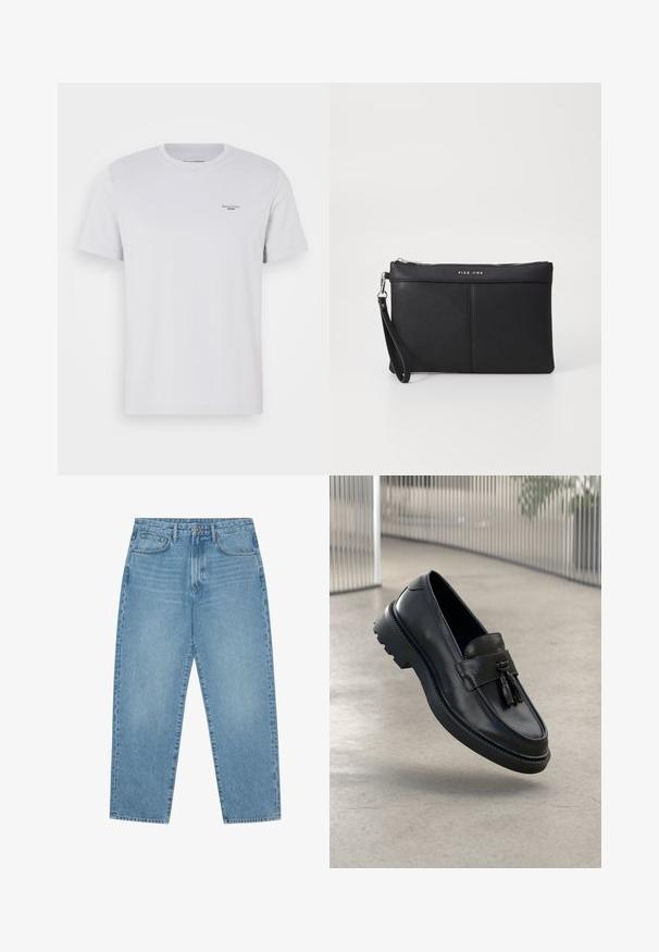 White cotton t-shirt with a crew neck, short sleeves, and a small black logo on the left chest. Smooth texture and standard fit.; Pier One Loose Jeans - dark blue denim; Black leather loafers with a smooth finish, decorative tassel, thick rubber sole, and stitched accents. Lightweight and sleek design.; Black synthetic clutch with a zip closure, wrist strap, and a smooth texture. Features subtle stitching and a logo embossed on the front.