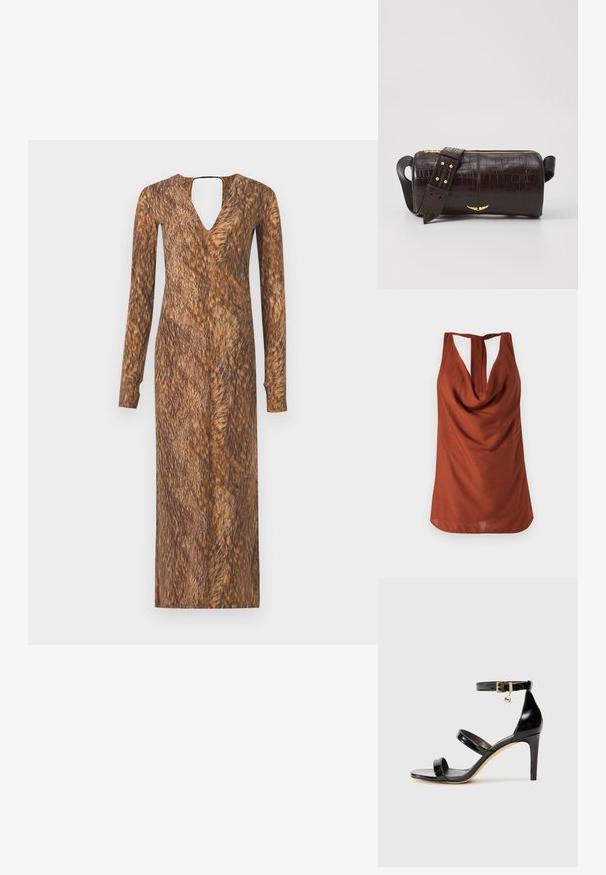 Top u boji rđe bez rukava s drapiranim dekolteom, otvorenim leđima i glatkim materijalom. Dizajn se odlikuje opuštenim krojem i bez vidljivih uzoraka.; Duga haljina s dugim rukavima, V-izrezom i izrezom na leđima, s krznenom smešnom smeškom i uzorkom kroz tkaninu.; Crne lakirane kožne sandale s tri trake, kopčom na zapešću i potpeticom od 10 cm. Sadrže zlatne detalje i privjesak s logotipom.; Smeđa torba od kože s embosiranim krokodilskim uzorkom, cilindričnog oblika, zlatne hardverske detalje i odvojivu naramenicu sa čavlima.