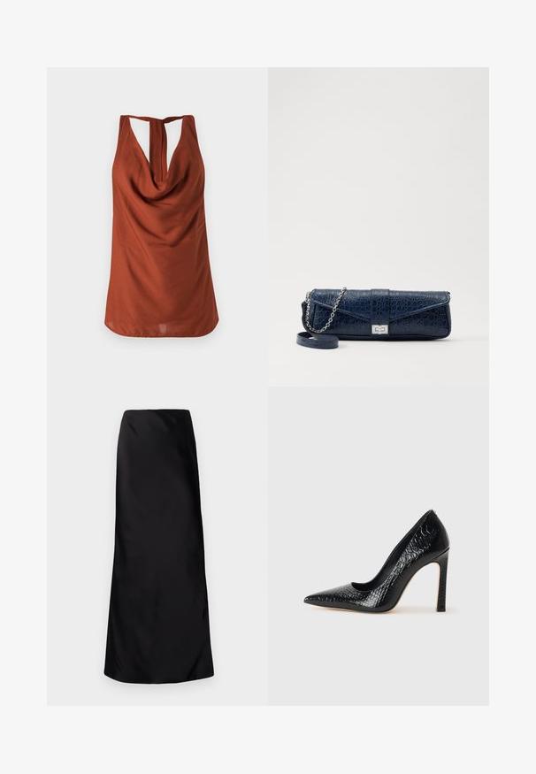 Rudos spalvos be rankovių marškinėliai su drapiruota apykakle, atvira nugara ir glotnia medžiaga. Dizainas pasižymi laisvu siluetu ir nematomais raštais.; Norma Kamali BIAS OBIE SKIRT - Maksi sijonas - black; Juoda smailiakulnė aukšto kulno bateliai su krokodilo odos tekstūra, pasižymintys elegantišku dizainu, aukštu stiletu kulnu ir lygia juoda vidine dalimi.; Tamsiai mėlynas odinis rankinukas su krokodilo raštu, sidabro spalvos grandinėlė ir metalinis užsegimas. Stačiakampio formos, užlenkiamas dizainas.