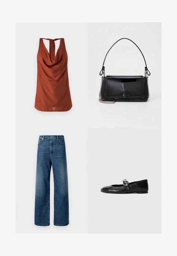 Top u boji rđe bez rukava s drapiranim dekolteom, otvorenim leđima i glatkim materijalom. Dizajn se odlikuje opuštenim krojem i bez vidljivih uzoraka.; Farmerke širokih nogavica od srednje plavog denima. Visokog struka s prednjim džepovima i zatvaračem. Glatka tekstura s blagim izbljeđivanjem i detaljima šivanja.; Crne kožne baletanke s špicastim nosom, s remenom s okruglom metalnom kopčom i ravnim potplatom.; Crna patentna kožna torba pravokutnog oblika, s lancem za nošenje i karakterističnim metalnim detaljem u središtu. Glatka tekstura.