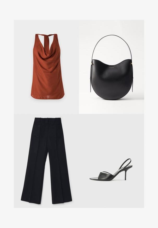 Rudos spalvos be rankovių marškinėliai su drapiruota apykakle, atvira nugara ir glotnia medžiaga. Dizainas pasižymi laisvu siluetu ir nematomais raštais.; Juodi plačių kojų kelnes, pagamintas iš lygios medžiagos, su aukštu liemeniu, dviem užpakalinėmis kišenėmis ir subtiliomis priekinėmis raukšlėmis, suteikiančiomis papildomą formą.; Juodos odinės slingback aukštakulnės bateliai su smailiu priekiniu galu, plona kulkšnies juostele ir stiletto kulnu. Papuošti mazginio detalė vampyro dalyje.; Juodas odinis peties krepšys su kreiviu kontūru, plona rankena ir subtiliais auksiniais akcentais. Lygaus paviršiaus su minimalistiniu dizainu.