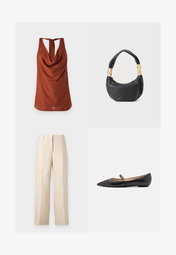 Rustfarvet ærmeløs top med draperet halsudskæring, åben ryg og glat stof. Designet har en afslappet pasform og ingen synlige mønstre.; Beige linnedragt med løs pasform, plisseret front og lige ben. Har en talje med bæltestropper og ingen synlige lommer.; Sorte læder balletflade med spids tå og en side rem med et rundt guldaccent. Letvægts med en flad sål.; Sort læder håndtaske med rund form, blød tekstur og en knyttet hank med guldfarvede hardware detaljer. Lynlåslukning.