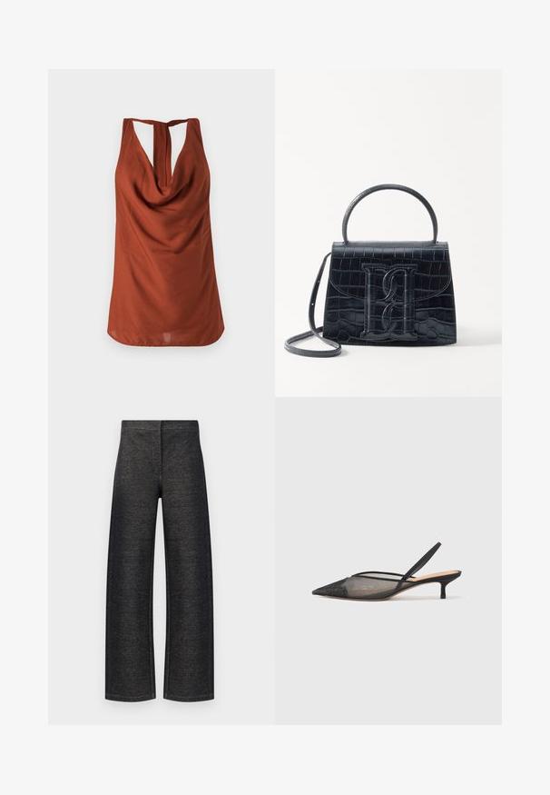 Rauha tooni ilma varrukateta top, millel on langev kaelus, avatud seljaosa ja sile kangas. Disainil on lõdva istuvuse ja ei ole nähtavaid mustreid.; Laiad püksid mustast denimist. Omavad tekstuurset viimistlust, puhtast vööst ja ilma nähtava riistvarata või taskuteta.; NEOUS IRENA - Klassikalised kontsakingad - black; Must musta krokodillimustriga nahast käekott, millel on struktureeritud disain, ülemine käepide, reguleeritav rihm ja silmapaistev esiküljel logo detail.