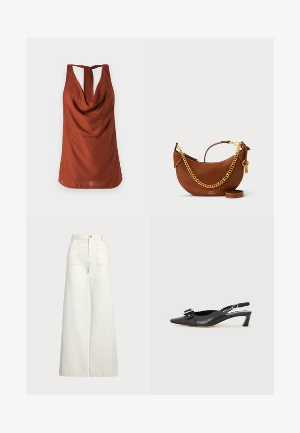 Top senza maniche di colore ruggine con scollatura drappeggiata, schiena aperta e tessuto liscio. Il design presenta una vestibilità rilassata e senza motivi visibili.; Jeans a gamba larga in denim bianco sporco. Design a vita alta con chiusura a bottone, due tasche frontali e dettagli di cucitura a contrasto.; Scarpa slingback in pelle nera con punta affusolata, tacco basso e dettaglio decorativo a fibbia sulla parte superiore. Texture liscia, design minimalista.; Borsa a mano in pelle marrone con un design curvo, tracolla in catena dorata, tasca interna e tracolla rimovibile. Presenta cuciture a contrasto.