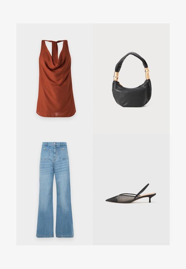 Rustfarvet ærmeløs top med draperet halsudskæring, åben ryg og glat stof. Designet har en afslappet pasform og ingen synlige mønstre.; Lyseblå denim jeans med vid bendesign, der har to for- og to baglommer, afsluttet med rå kant og knaplukning.; NEOUS IRENA - Pumps - black; Sort læder håndtaske med rund form, blød tekstur og en knyttet hank med guldfarvede hardware detaljer. Lynlåslukning.