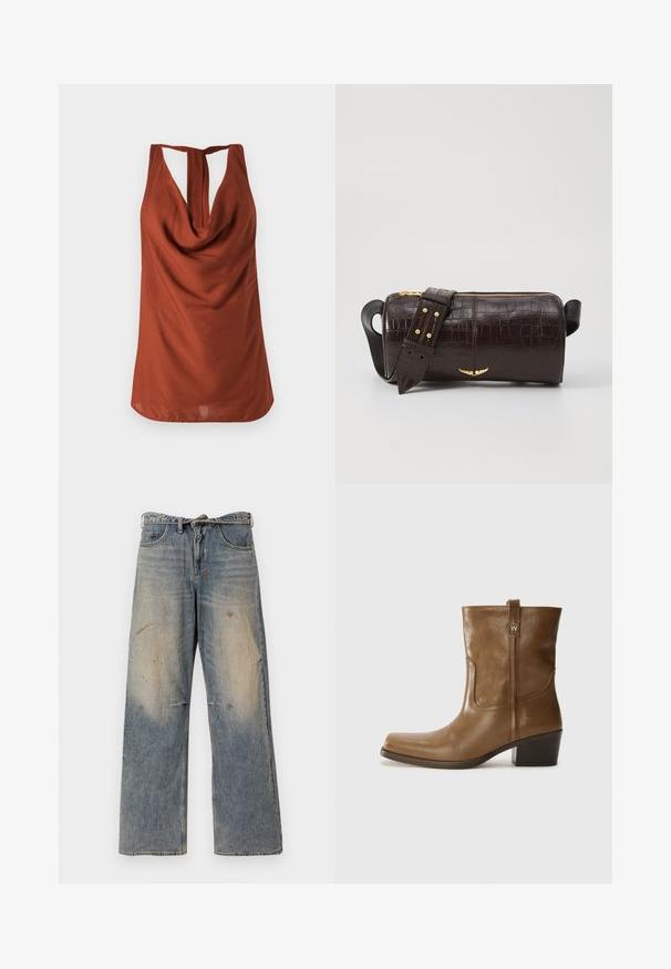 Top senza maniche di colore ruggine con scollatura drappeggiata, schiena aperta e tessuto liscio. Il design presenta una vestibilità rilassata e senza motivi visibili.; Jeans in denim azzurro chiaro con una vestibilità ampia e gambe dritte. Presentano effetti di usura, scolorimento e dettagli strappati vicino alle ginocchia. Stile classico a cinque tasche.; Stivale alla caviglia in pelle marrone con punta quadrata, finitura testurizzata e tacco basso incassato. Dotato di un pratico tassello posteriore e dettagli di cucitura sottili.; Borsa in pelle stampata a coccodrillo marrone con forma cilindrica, accessori in tonalità oro e una tracolla staccabile con borchie.