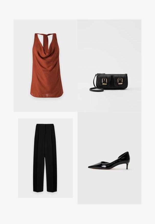 Top senza maniche di colore ruggine con scollatura drappeggiata, schiena aperta e tessuto liscio. Il design presenta una vestibilità rilassata e senza motivi visibili.; Pantaloni neri a gamba larga con vita alta, dotati di pieghe e una texture liscia. Il tessuto sembra leggero e si drappeggia in modo elegante.; Scarpa da donna in vernice nera con punta a spillo e tacco basso, mostrata di profilo su sfondo grigio chiaro.; Borsa a tracolla nera in pelle con due tasche frontali, fibbie dorate, chiusura con zip e una tracolla sottile. Superficie texturizzata e forma rettangolare compatta.