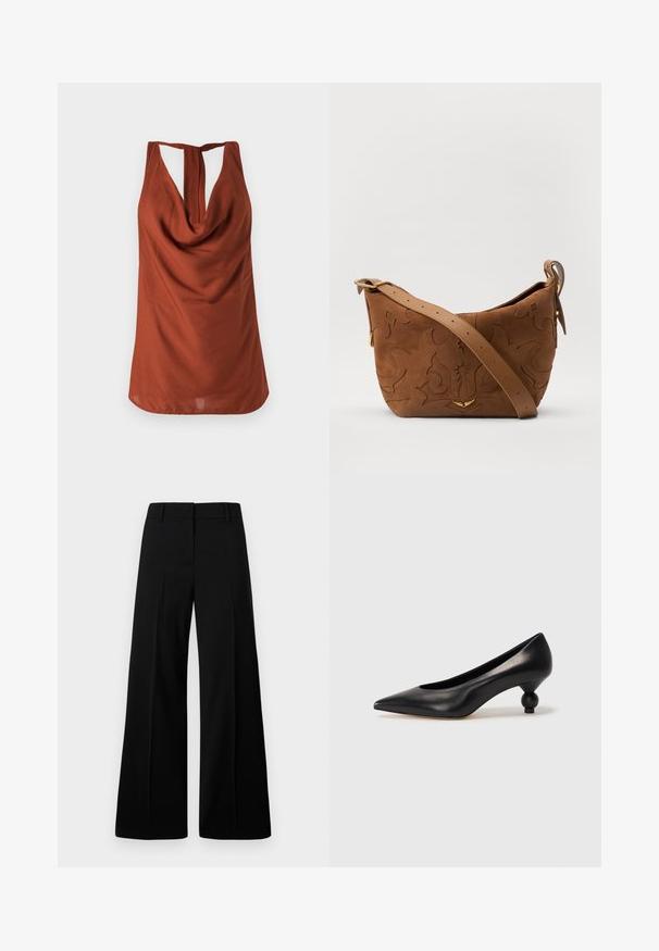 Rudos spalvos be rankovių marškinėliai su drapiruota apykakle, atvira nugara ir glotnia medžiaga. Dizainas pasižymi laisvu siluetu ir nematomais raštais.; Juodos plačios kelnės su lygaus paviršiaus tekstūra, struktūritu liemeniu ir priekiniu raukšlėjimu. Minimalistinis dizainas be matomų detalių.; Juoda odinė aukštakulnė bateliai su smailiu pirštu ir apvaliu, iškiliu kulnu. Lygus paviršius su elegantišku, minimalistiniu dizainu.; Ruda suedes pečių rankinė su išsiuvinėtu gėlės dizainu, papildyta lygiu ruduo odos diržu ir auksinės spalvos detalėmis.