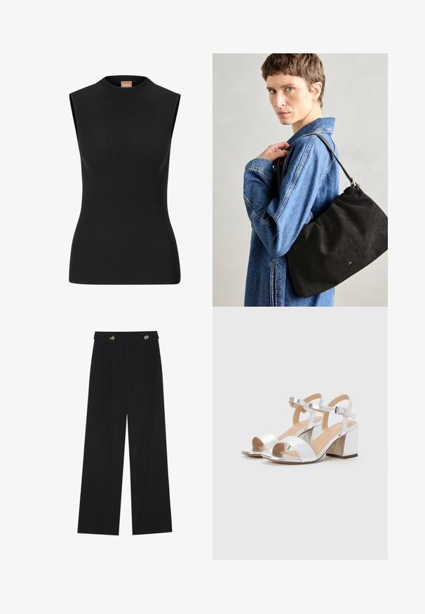 Juodas be rankovių, su briaunota tekstūra, su aukštu kaklu ir prigludusia siluetu, pagamintas iš elastingos medžiagos. Minimalus prekinis ženklas ant kaklo.; Juodi plačios kojos kelnės su aukštu liemeniu, sagų detalėmis ant liemens ir priekinėmis raukšlėmis.; Sidabrinės aukštakulnės šlepetės su atviromis pirštinėmis, turinčios dvi plačias juostas ir suapvalintą bloko kulną. Lygus paviršius su metalizuotu apdaila.; Juodas zomšinės rankinės minkšta, struktūrizuota forma, su siauru odiniu diržu ir subtiliu prekės ženklu. Modelis dėvi džinsinį švarką.