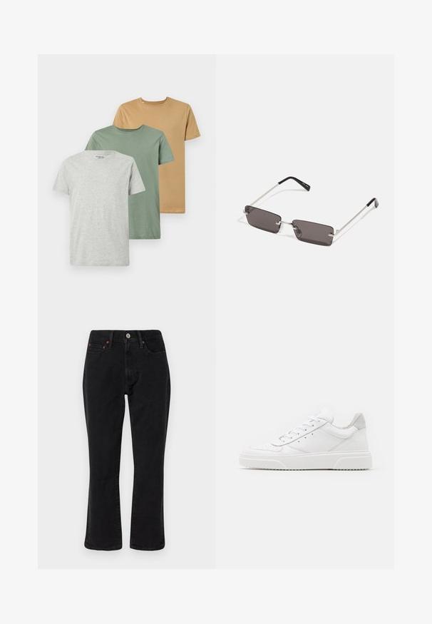 Trīs T-krekli īsām piedurknēm pelēkā, zaļā un sinepju krāsā. Izgatavoti no mīksta kokvilnas, ar apaļām kakla izgriezumiem un regulāras piegriezuma dizainu.; Melnu denim džinsi ar taisnām kājām, piecu kabatu stilu un metāla detaļām ar varšos akcentiem. Gluda tekstūra un vidēja augstuma.; Baltie ādas sporta apavi ar gludu virsmu, noapaļotu purngalu, plakaniem šņorēm un reljefa zoli. Pelēks zamšādas akcenti pie papēža.; Saulesbrilles ar taisnstūra formas, tumši pelēkiem stikliem, sudraba metāla rāmjiem un melnām plastikāta galviņām uz kājiņām. Viegls dizains ar deguna spilventiņiem.