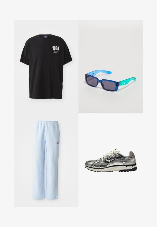 Juodas medvilninis marškinėlis su apvalia kaklo iškirpte, trumpomis rankovėmis ir baltu spaudiniu "1894 House Of Hyperbia" kairėje krūtinės pusėje.; Šviesiai mėlynos sportinės kelnės su elastinga juosmeniu, su mažu raudonu Nike logotipu ir tekstu "Sporto departamentas". Minkšta medvilninė medžiaga.; Sidabriniai ir juodi sportiniai bateliai su tinkline ir sintetiniu viršumi, apimanti dizaino forma ir tekstūruota apdaila. Yra paminkštinta apykaklė ir guminis padas.; Mėlynos ir žalios saulės akinių su stačiakampiais lęšiais; skaidrūs rėmeliai; tekstūruoti mėlyni akinių kojos; tamsūs lęšiai; pastebimas logotipas šone.