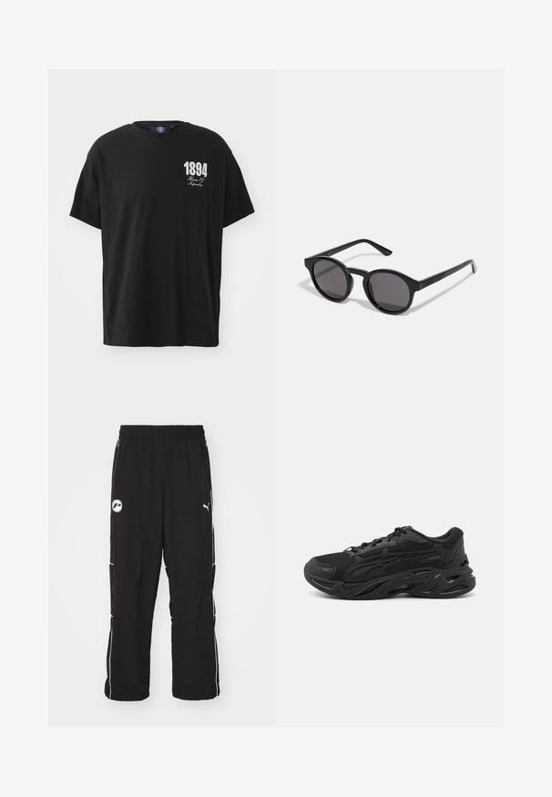 Svart bomull T-skjorte med rund hals, korte ermer og hvit trykt tekst "1894 House Of Hyperbia" på venstre brystparti.; Svarte treningsbukser med løs passform, elastisk livlinje, hvite sidepiper og logodetalj på venstre lår. Lett materiale.; Svarte sportssko laget av mesh og syntetisk materiale, med et teksturert design, rund tå, tykk såle og fremtredende merkevarelogo.; Svarte solbriller med en rund, litt bølgete ramme, mørke linser og rette svarte stenger. Glatt, glanset finish uten synlige mønstre.
