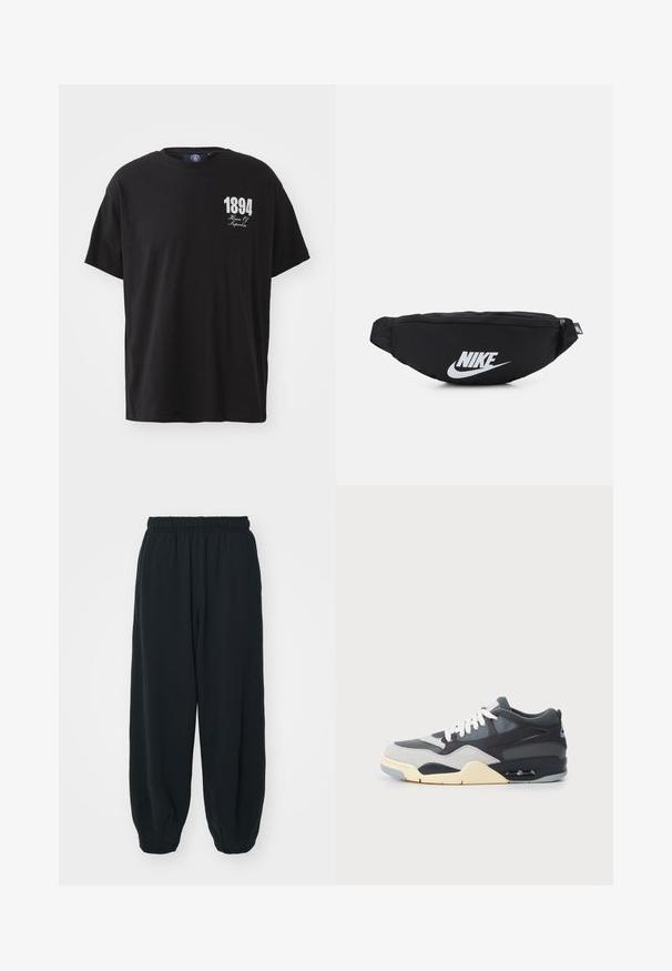 Must musta T-särk ringikraega, lühikeste varrukatega, mille vasakus rinnakus on valge trükitud tekst "1894 House Of Hyperbia".; Mustade elastse vöökoha ja laia lõikega dressipüksid, mansetiga sääred, sile tekstuur ning ilma nähtavate mustrite või detailideta.; Hallidega, kus on segatud materjal, halli ja tumesinise värviga, pehme tallaga, valged paelad ja sinine aktsentlogo kanna peal.; Must must sisaldav must nailonist vöötasku, millel on lukuga sulgemine ja suur valge Nike logo. Sile tekstuur ja ergonoomiline disain mugavaks kandmiseks.