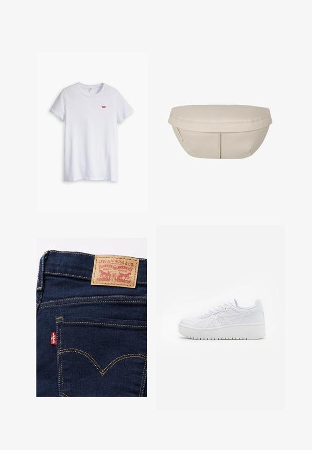 Biała bawełniana koszulka z krótkim rękawem i okrągłym dekoltem. Posiada małe czerwone logo Levi's na lewej piersi.; Granatowe dżinsy z denimu z brązową skórzaną metką z nadrukowanym czerwonym tekstem i wzorem. Zawierają czerwone logo Levi's na tylnej kieszeni.; Białe sneakersy na platformie o gładkiej skórzanej fakturze, z perforowanymi detalami i płaskimi sznurowadłami; mają grube białe gumowe podeszwy.; Beżowa torba o zaokrąglonym kształcie, z płaskim wierzchem i subtelnymi szwami. Zawiera minimalistyczne logo oraz boczny pasek.