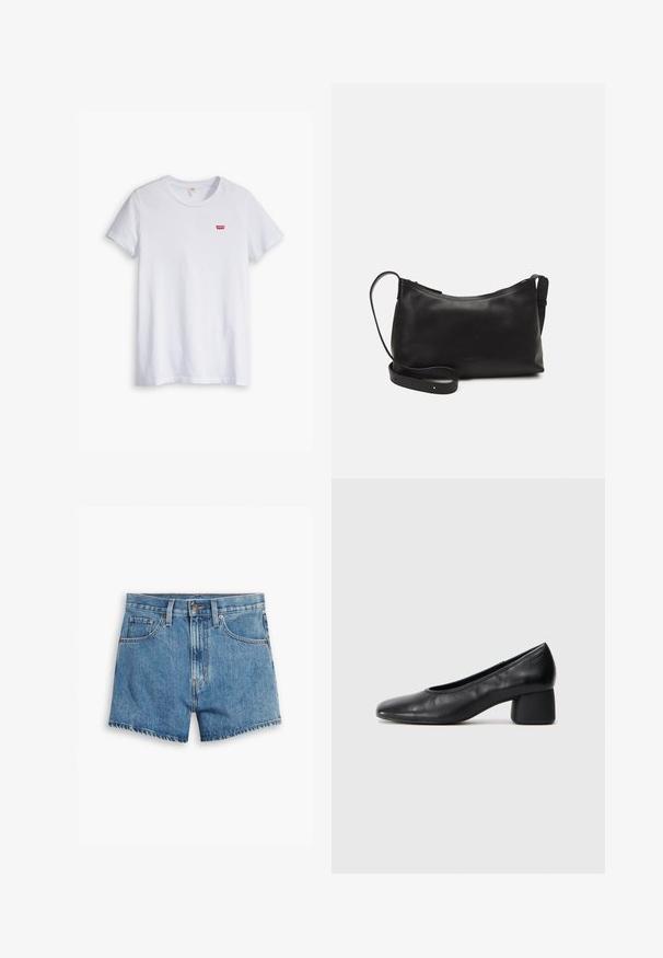 White cotton t-shirt with short sleeves and a round neckline. Features a small red Levi's logo on the left chest area.; Denim shorts in light blue, featuring five pockets, a zip fly, and a button closure. The hem is frayed with a relaxed fit design.; Black leather pump with a rounded toe and mid-block heel. Smooth texture with minimal detailing, featuring a subtle elastic opening.; Black leather shoulder bag with a smooth texture, curved shape, adjustable strap, and a zip closure. Minimalist design without embellishments.