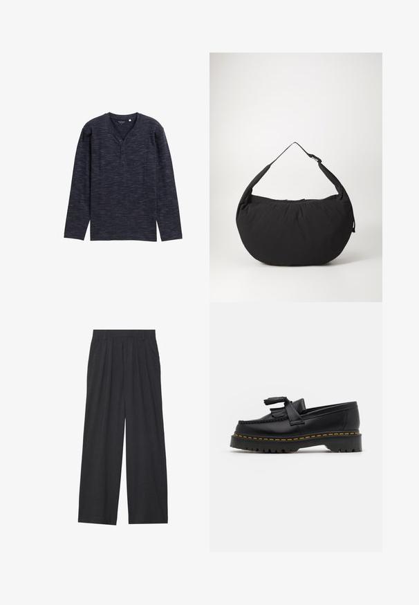 Camisa henley de manga larga en azul marino, con un patrón texturizado, que cuenta con un escote en V y una tapeta de tres botones. Tejido suave.; Pantalones de pierna ancha hechos de tela gris oscura. Cuenta con pliegues en la cintura, un diseño a medida y una silueta recta.; Mocasín de cuero negro con un acento de borlas, que presenta una suela gruesa negra y costuras amarillas a lo largo del borde. Acabado texturizado.; Bolso de hombro de tela negra con forma curva, que presenta una sola correa y un cierre con cremallera. Textura suave, diseño minimalista.