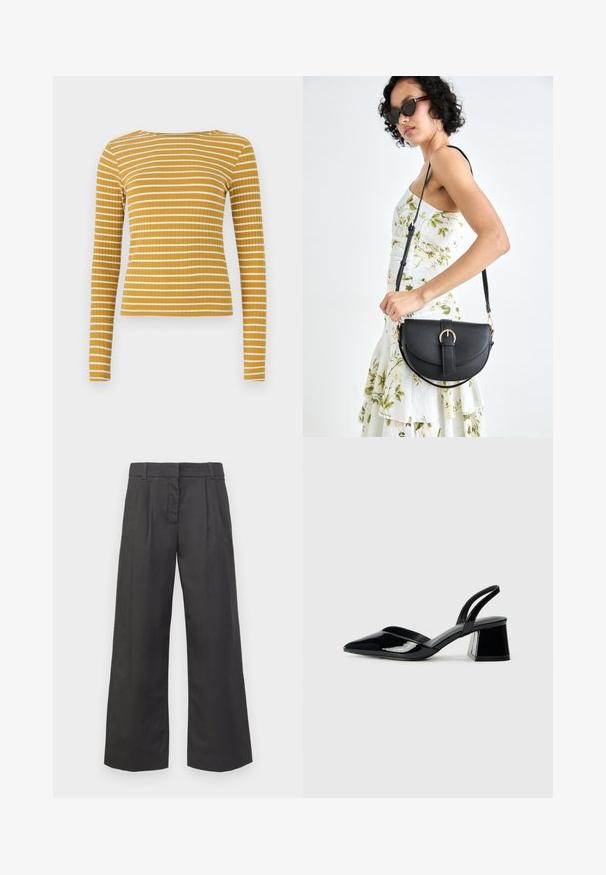 Camisola de mangas longas em amarelo mostarda com riscas horizontais brancas. Apresenta um decote redondo e um corte ajustado. Textura suave.; Calças de perna larga em tecido preto, com cintura alta, pregas frontais e bolsos discretos. Textura suave com um acabamento limpo.; Sandy em verniz preto com salto slingback, ponta afilada e salto geométrico. Apresenta um design elegante e minimalista com textura suave.; Bolsa de couro preta com forma curva, alça destacável e detalhes em dourado. A bolsa possui uma aba com detalhe de fivela.