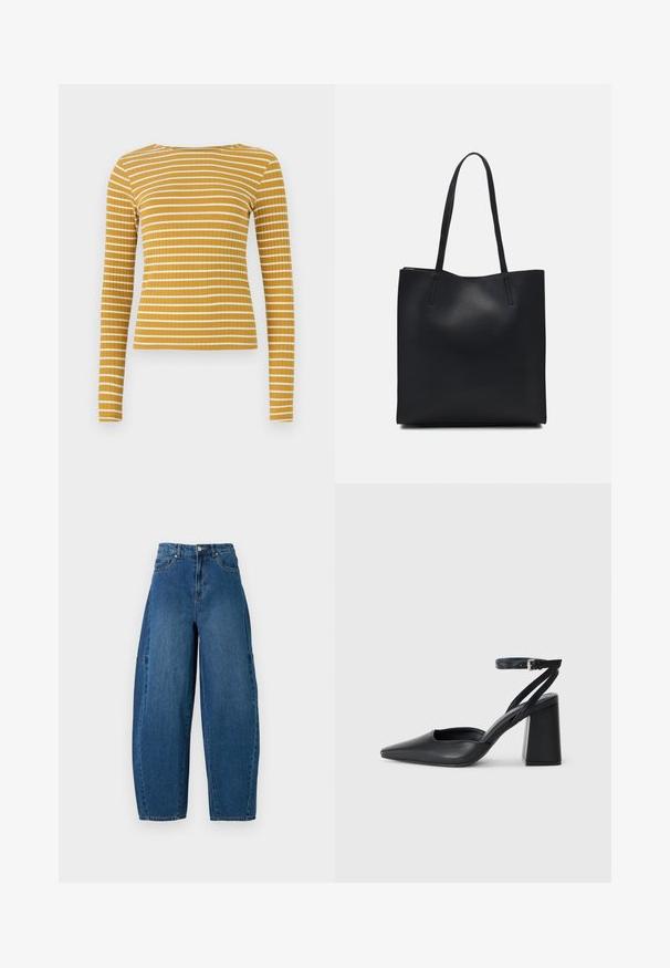 Hosszú ujjú, ribbelt mintaű, mustár sárga felső, fehér vízszintes csíkokkal. Kerek nyakú és testhez simuló fazonú. Sima textúra.; Közepes kék mosású farmernadrág, magas derékkal, széles lábszárral és hagyományos öt zsebes kialakítással, látható varrási részletekkel.; Fekete bőr, hegyes orrú magassarkú cipő boka pánttal és vastag sarokkal. Sima textúra, elegáns dizájn és minimális esztétika.; Fekete bőrtáska sima felszínnel, téglalap alakú, két hosszú füllel. Nincs látható fémkiegészítő vagy díszítés.