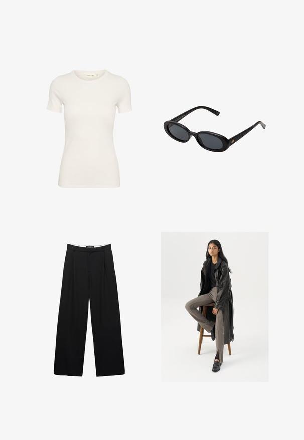 Bílé tričko s krátkým rukávem vyrobené z ribbovaného bavlněného materiálu, s kulatým výstřihem a přiléhavým střihem. Žádné viditelné vzory ani akcenty.; Široké černé kalhoty vyrobené z hladké látky. Obsahují přední sklady, pas s poutky na opasek a upravený siluetu.; Černý kožený trenčkota s knoflíky a detailem pásku, kombinovaný s světle hnědými úzkými kalhotami a černými mokasínami, sedící na dřevěném stoličce.; Černé oversized sluneční brýle s oválnými čočkami, hladkým plastovým rámem a zlatými akcenty na spáncích. Tmavé čočky poskytují ochranu před sluncem.; Černá kožená taška s dlouhými uchy, obdélníkový tvar, hladký povrch a šikmé strany, s minimalistickým designem a bez viditelného kování.