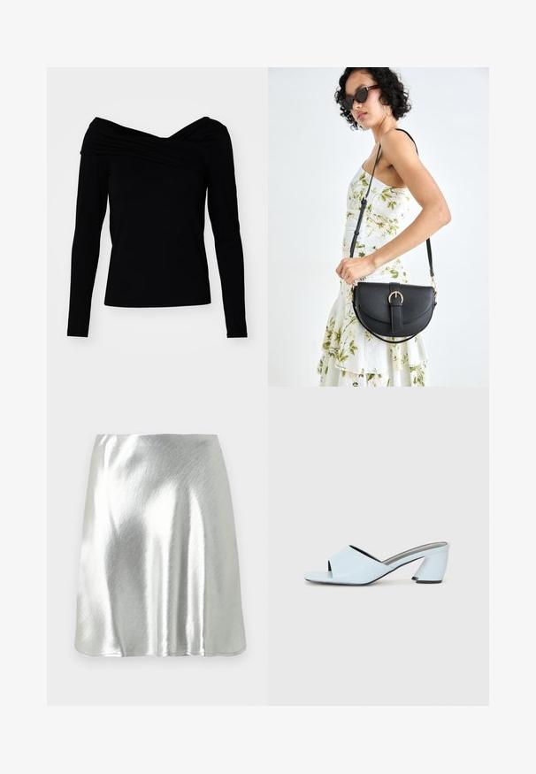Zwarte off-the-shoulder top met lange mouwen, met een gedrapeerd ontwerp en een soepele textuur voor een aansluitende silhouet.; Zilverkleurige metallic minirok met een gladde textuur en een lichte glans. Voorzien van een uitlopende pasvorm en een eenvoudige, nette zoom.; Lichtblauwe open teen hakmules met een geometrisch ontwerp, voorzien van een brede band over de voet en een forse, hoekige hak.; Zwarte leren handtas met een gebogen vorm, afneembare schouderband en gouden hardware. De tas heeft een klep met een gespsluiting.