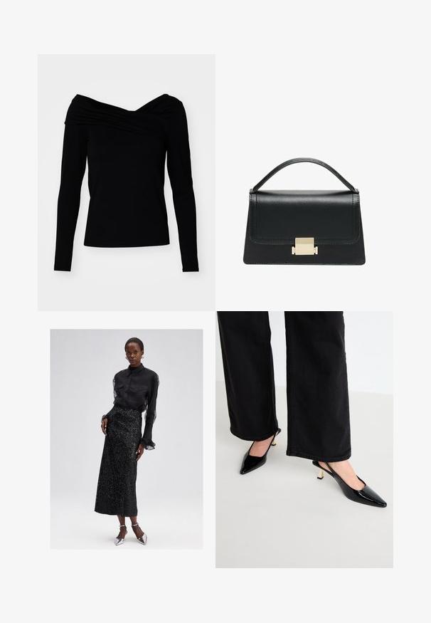 Top nero off-the-shoulder con maniche lunghe, caratterizzato da un design drappeggiato e una trama liscia per una silhouette aderente.; Blusa nera con bottoni e maniche trasparenti, abbinata a una gonna midi nera con paillettes e scarpe con tacco alto argento. Design elegante e dalla texture ricercata.; Simmi London JUNE - Decolleté - black; Borsa a tracolla in pelle nera con design strutturato, manico superiore e dettaglio in metallo dorato sulla parte frontale. Texture liscia, cuciture minime.