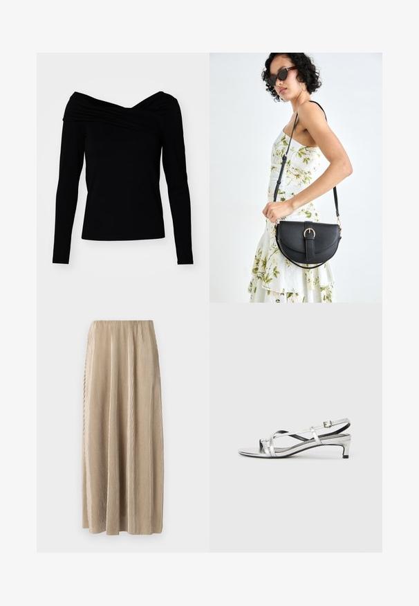 Top preto ombro a ombro com mangas longas, apresentando um design drapeado e uma textura suave para uma silhueta ajustada.; Saia midi plissada bege com cintura elástica, apresentando riscas verticais e uma silhueta fluida para maior liberdade de movimento.; Sandália slingback metálica prateada com um salto baixo, apresentando tiras entrelaçadas e uma textura suave. Design minimalista.; Bolsa de couro preta com forma curva, alça destacável e detalhes em dourado. A bolsa possui uma aba com detalhe de fivela.