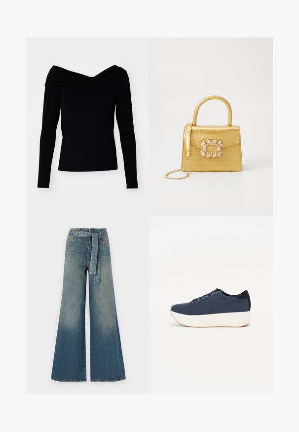 Juodas off-the-shoulder viršus su ilgomis rankovėmis, pasižymintis drapiruotu dizainu ir lygiu paviršiumi, suteikiantis prigludusį siluetą.; Platus džinsinis kelnes su šviesiai tamsiai mėlynu gradientu, aukštu juosmeniu, diržo kilpomis ir atitinkančiu audinio diržu. Textūruotas džinsinis paviršius.; Tamsiai mėlynas sportinis batelis su tekstūruotu audiniu viršuje, baltu platformos padu, apvaliu pirštu ir juodu kulno akcentu.š. Yra šešios skylės raišteliams.; Geltonas dirbtinės krokodilo odos rankinukas su standžiu dizainu, viršutine rankena, nuimamu grandininiu dirželiu ir dekoratyviniu krištolo papuošimu ant užsegimo.