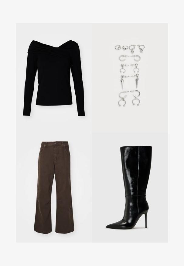 Top preto ombro a ombro com mangas longas, apresentando um design drapeado e uma textura suave para uma silhueta ajustada.; Calças largas castanhas feitas de algodão, com uma cintura alta, bolsos frontais e uma textura suave. O acabamento inclui detalhes de costura subtil.; Botas de couro pretas até ao joelho com bico fino e salto alto de agulha. Textura suave e design elegante, com detalhes mínimos.; Conjunto de brincos de prata com diversos designs: argolas, studs e modelos pendentes, com acentos de bola e elementos pontiagudos.
