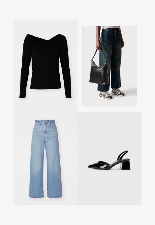 Black off-the-shoulder top with long sleeves, featuring a draped design and smooth texture for a fitted silhouette.; Light blue high-waist wide-leg jeans with front button and zip closure, front and back pockets, on a white background.; Black patent leather slingback heels with a pointed toe and a geometric block heel. Features a sleek, minimal design and smooth texture.; Black leather shoulder bag with a smooth texture and adjustable strap, paired with faded wide-leg jeans and athletic sneakers.