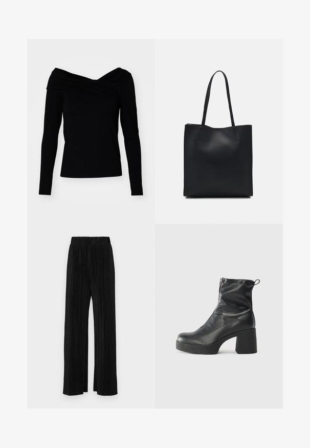 Top negru, fără umeri, cu mâneci lungi, având un design drapat și o textură netedă pentru o siluetă ajustată.; Pantaloni negri plisati cu talie elastică. Prezintă picioare largi și un material neted, texturat, cu dungi verticale.; Bocanci negri de glezna din piele netedă, cu fermoar lateral, toc texturat și masiv, și design cu vârf rotund.; Geantă tote neagră din piele, cu textură netedă, formă rectangulară și două mânere lungi. Fără hardware vizibil sau ornamente.
