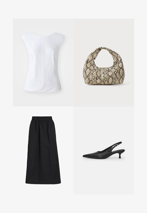 Débardeur blanc sans manches avec un col rond, fabriqué à partir d'un tissu texturé. Design simple et sans ornements avec une coupe décontractée.; Jupe noire, longueur genoux, fabriquée en tissu doux et léger. Comprend une taille élastique et un design simple et fluide sans embellissements.; Chaussure slingback en cuir noir avec un bout pointu et un talon fin et incurvé. Dispose d'une sangle ajustable discrète avec une boucle en métal.; Sac à main en motif serpent avec une poignée incurvée. Fabriqué à partir de matériaux texturés beiges et bruns, présentant un motif en diamant distinctif.