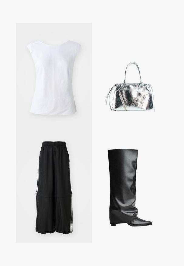 Bílý bezramínkový top s kulatým výstřihem, vyrobený z texturované tkaniny. Jednoduchý, nezdobený design s volným střihem.; Černé sportovní kalhoty s elastickým pasem, bočními pruhy a volným střihem s nařaseným lemem pro vzdušný vzhled.; Černé kožené vysoké boty na kolena s hladkým povrchem, uvolněným designem, špičatou špičkou a nízkým čtvercovým podpatkem. Minimalistický styl bez viditelné kovové aplice.; Metalická stříbrná kabelka se strukturovaným tvarem, dvěma horními uchy a zipovými kapsami na přední straně. Hladký, lesklý povrch.