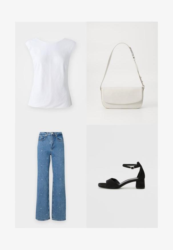 Top bianco senza maniche con scollatura rotonda, realizzato in tessuto testurizzato. Design semplice e privo di ornamenti con una vestibilità rilassata.; Jeans blu a vita alta con gamba dritta, impreziositi da piccoli ricami floreali bianchi sparsi sul tessuto.; Sandali con tacco in suede nero, con una sottile fascia alla caviglia, design open toe e un discreto tacco a blocco. Texture liscia e decorazioni minime.; Borsa a spalla in pelle bianca con finitura liscia, forma rettangolare, chiusura a patta e tracolla regolabile. Dettaglio di cucitura semplice.