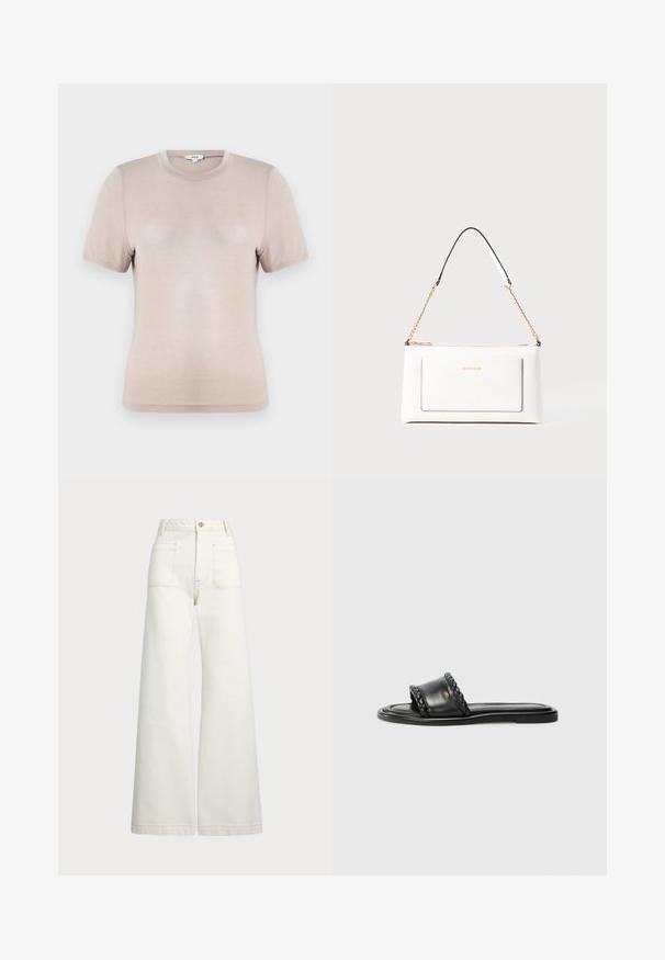T-shirt de manga curta bege, confeccionado em tecido suave. Apresenta um decote redondo e um design simples, com textura lisa e sem padrões visíveis.; Jeans de perna larga em denim off-white. Design de cintura alta com fecho de botão, dois bolsos frontais e detalhes de costura em contraste.; Sandal preto em couro com detalhe de fita trançada, sola plana e design elegante. Textura suave e perfil minimalista.; Bolsa de mão branca em couro com acabamento texturizado, featuring a corrente dourada e detalhes pretos. Inclui um bolso frontal e fecho com zipper.