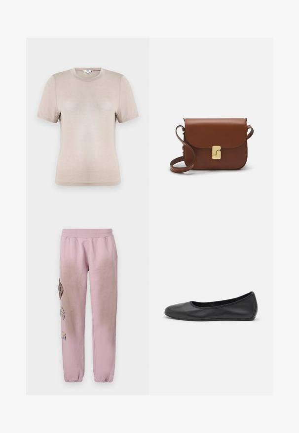 Beige short-sleeve t-shirt made of soft fabric. Features a round neck and simple design with smooth texture and no visible patterns.; Pink sweatpants with an elastic waistband, featuring decorative patches in diamond shapes on the left side and elastic cuffs at the ankles.; Black leather ballet flat with a rounded toe, smooth texture, minimal stitching detail, and a flexible sole design.; Brown leather handbag with a flap closure, gold-tone hardware, a shoulder strap, and a smooth texture. Compact rectangular shape.