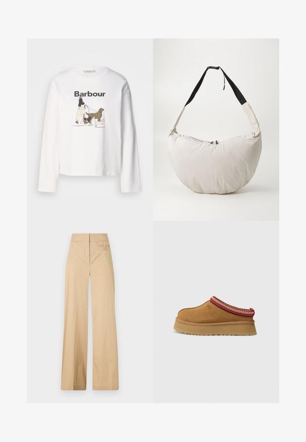 Bílý tričko s dlouhými rukávy se zdobením znázorňujícím osobu, jak venčí tři psy, s nápisem "Barbour" vytištěným nahoře černou barvou.; Béžové kalhoty s širokými nohavicemi vyrobené z bavlněné směsi. Mají hladkou texturu, elastický pas a boční detail s knoflíkem.; Hnědé semišové slip-on boty s červeným a krémovým vzorovaným lemem, texturovanou podrážkou a logem UGG po straně. Obsahují mírnou výšku platformy.; Svetle béžová polstrovaná taška přes rameno s zakřiveným tvarem ve tvaru půlměsíce. Černý popruh, uzávěr na zip a decentní logo na přední straně. Měkká textura.