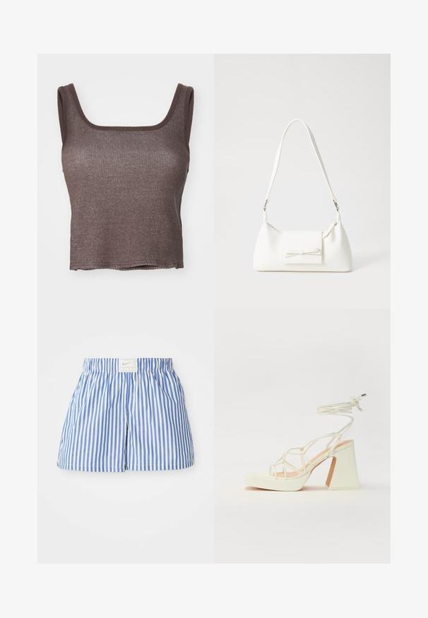 T-shirt castanha com nervuras, com um decote quadrado e alças largas; tecido texturizado com um bainha reta, oferecendo uma silhueta ajustada.; Calções listrados em azul e branco com um cós elástico e uma etiqueta com o logotipo da Nike. Feitos de tecido leve com uma textura suave.; Sandálias brancas de salto alto com um salto robusto, apresentando um design com tiras e amarração no tornozelo. Textura suave com uma plataforma na frente para altura adicional.; Mala sintética branca com formato triangular, aba frontal plana e detalhe de laço, alça ajustável, textura suave e design minimalista.
