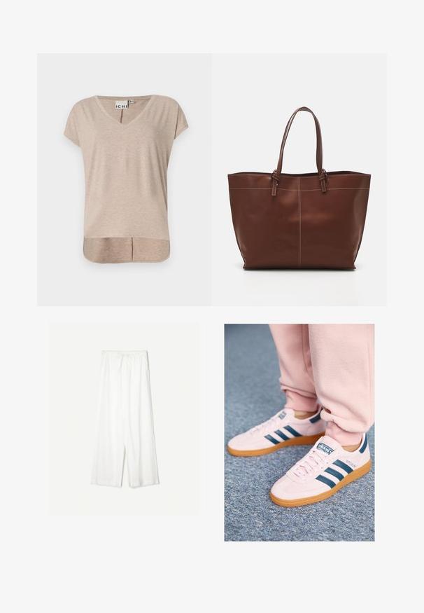 Beige, lyhythihaine V-kaula-aukkotoppi, jossa on suora leikkaus ja korkea-matala helma. Valmistettu pehmeästä, kevyestä materiaalista, jossa on hienovarainen heather-kuvio.; Valkoiset leveät housut, joissa on nauhavyötärö, esiteltyinä yksinkertaista taustaa vasten, korostaen niiden rentoa tyyliä ja kankaan rakennetta.; Vaaleanpunaiset mokka-tossut, joissa on tummansiniset nahkaviitat ja kumipohja. Ominaisuuksiin kuuluvat litteät nauhat sekä brändäys sivuilla ja kielessä.; Ruskea nahkainen olkitasku, jossa on kaksinkertaiset kahvat, erottuva ommel ja tilava muotoilu, sopii jokapäiväiseen käyttöön.