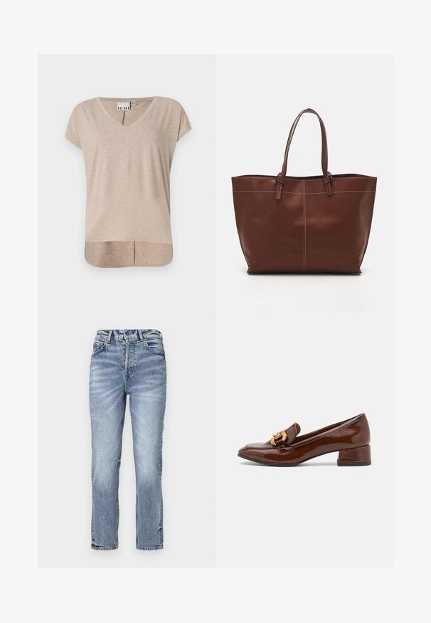 Beige, kortarmige V-hals t-shirt met een rechte snit en een hoge-lage zoom. Gemaakt van zachte, lichte materialen met een subtiele gemêleerde print.; Lichtblauwe spijkerbroek met een rechte pasvorm, hoge taille, vervaagde textuur en vijf zakken. Voorzien van een metalen knoop en ritsluiting.; Bruine leren loafers met een glanzende afwerking, met een decoratieve gouden gesp aan de voorkant en een lage blokhak. Klassiek ontwerp.; Bruine leren tote bag met dubbele handvatten, heeft contrasterende stiksels en een ruime indeling, geschikt voor dagelijks gebruik.
