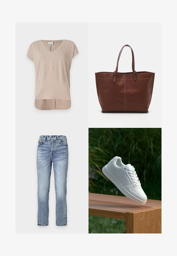 Beige, kortærmet V-hals t-shirt med en ligefrem pasform og asymmetrisk kant. Fremstillet af blødt, let materiale med et subtilt meleret mønster.; Lyseblå denim jeans med lige pasform, høj talje, falmet tekstur og fem lommer. Har metalknap og lynlås lukning.; Hvid sneaker med en glat syntetisk overdel, perforeret tåboks, flade snørebånd og en tekstureret sål, præsenteret på en træoverflade.; Brun læder tote taske med dobbelt håndtag, har kontraststing og et rummeligt design, velegnet til daglig brug.