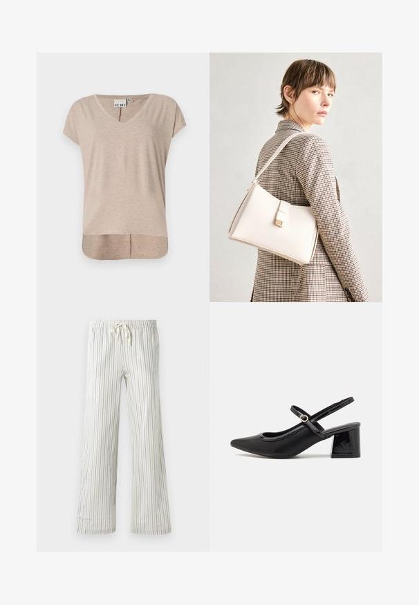 T-shirt beige à manches courtes et décolleté en V, avec une coupe droite et un ourlet asymétrique. Fabriqué en matériau doux et léger avec un subtil motif chiné.; Pantalon blanc à cordon de serrage avec de fines rayures verticales bleues et une taille élastique, présenté de face sur un fond uni.; Escarpins slingback en cuir verni noir avec un embout pointu, un design à découpes arrondies et un talon carré. Présente un accent de boucle en ton doré.; Sac à main en cuir blanc au design structuré, doté d'un fermoir magnétique et d'une bandoulière, présenté sur un fond neutre.