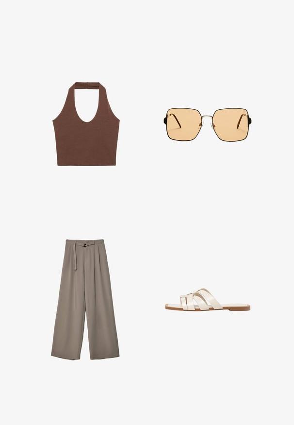 Brązowy top na szyi wykonany z miękkiego, elastycznego materiału. Posiada głęboki dekolt w serek i szersze ramiączka, ma luźny krój i minimalne szwy.; Spodnie o szerokich nogawkach w miękkim, stonowanym szarym materiale, z paskiem w talii i plisami dla dodania detali projektowych. Gładka tekstura, bez wzorów.; Płaskie sandały z brązową gumową podeszwą, zaprojektowane z trzema nakładającymi się na siebie białymi skórzanymi paskami i małym detalem w postaci kokardy na środku.; Kwadratowe okulary przeciwsłoneczne z brązowymi soczewkami i cienką, czarną metalową oprawą. Posiadają skośne zauszniki i regulowane noski dla większego komfortu.